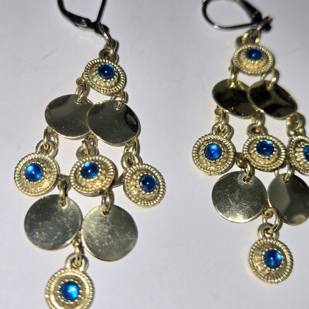 Gold and Blue Dangle Earrings